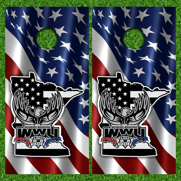 Wounded Warriors United Heroes with Diagonal American Flag Background Cornhole Wraps