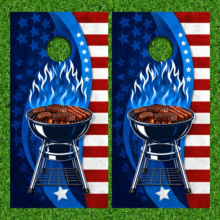 Blue Flame Kettle Style Charcoal BBQ Grill with Steak Burgers Hotdogs Food on Rack Cornhole Board Vinyl Wraps Set
