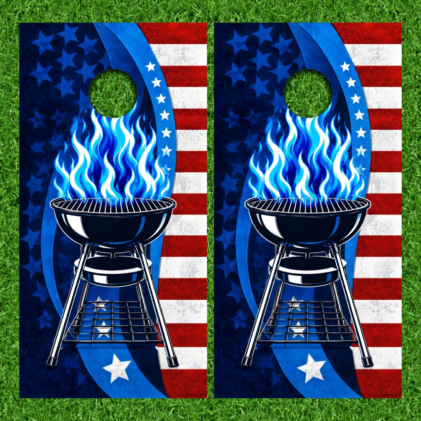 Blue Flame Patriotic American Flag Kettle Style Charcoal BBQ Grill Backyard Cookout Cornhole Board Vinyl Wraps Set