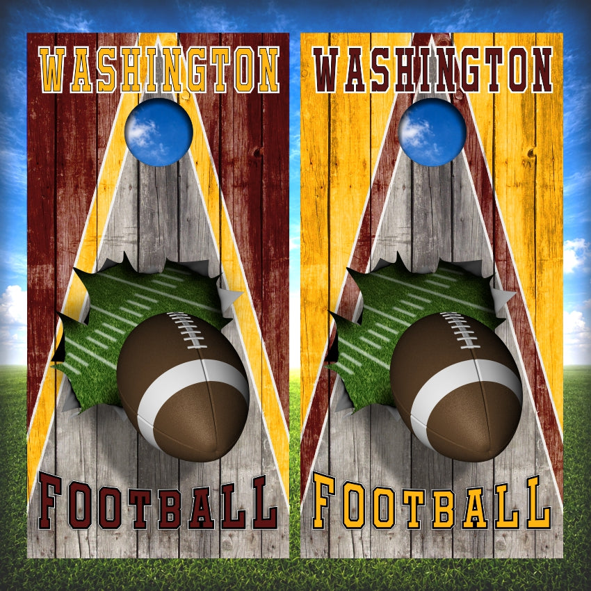 Burgundy and Gold Washington Football Cornhole Wraps Wood Triangle