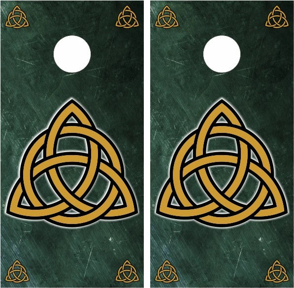 Celtic Trinity Knot on Green Grunge Background Cornhole Wraps