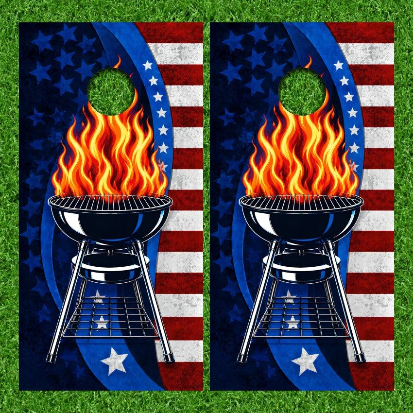 Fire Orange and Red Flames Patriotic American Flag Kettle Style Charcoal BBQ Grill Cornhole Board Vinyl Wraps Set