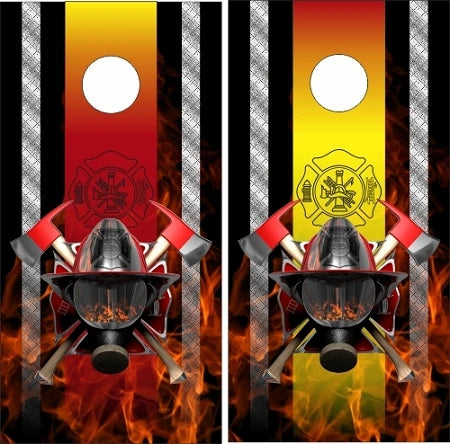 1st Responder Firefighter Helmet Axe with Fire Flames Diamond Plate Stripe Background Cornhole Wraps
