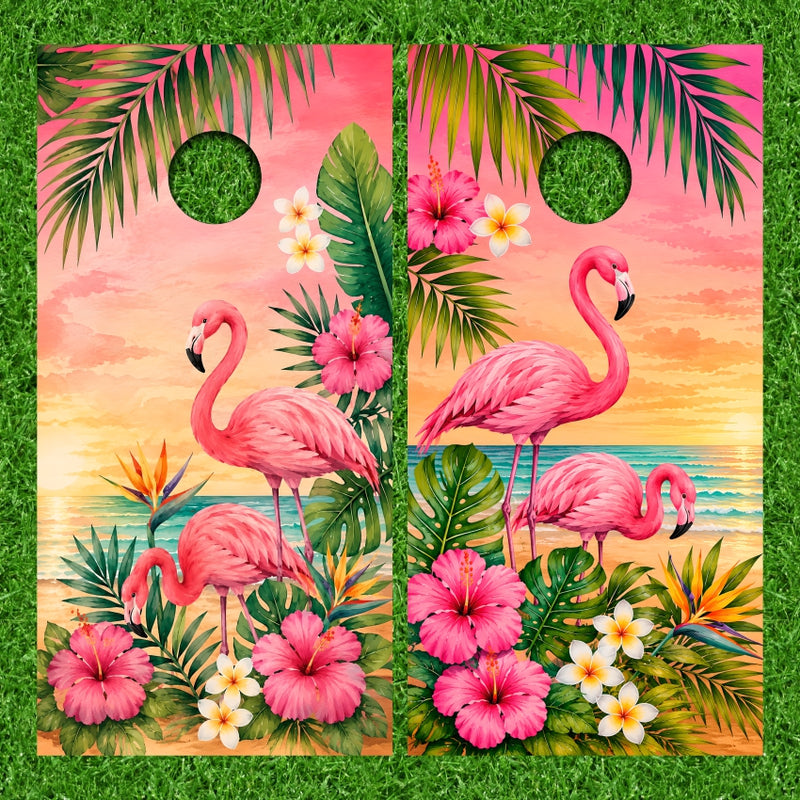 Flamingo Tropical Colorful Flower Sunset Beach Background Cornhole Wraps