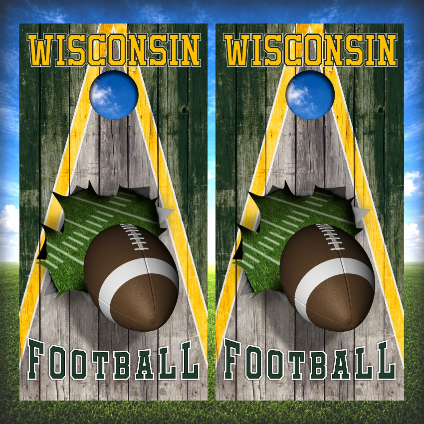 Green and Gold Wisconsin Football Cornhole Wraps Wood Triangle