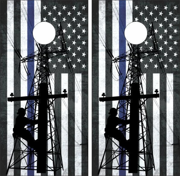 Lineman Utility Pole Thin Blue Line Flag Grunge Cornhole Wraps