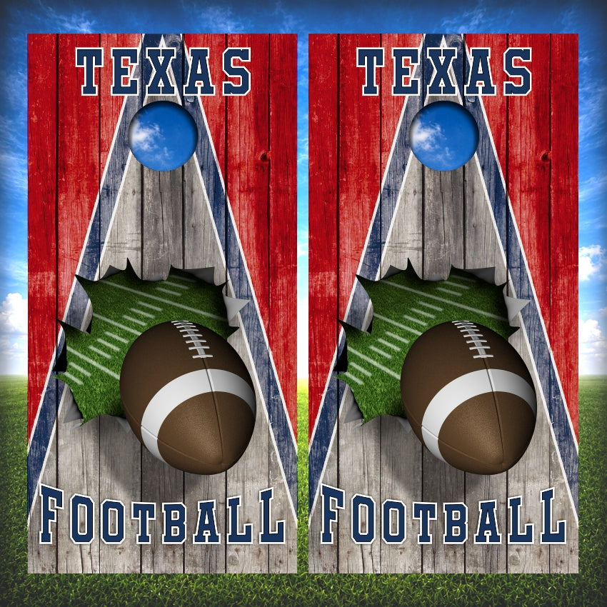 Navy and Red Texas Football Cornhole Wraps Wood Triangle
