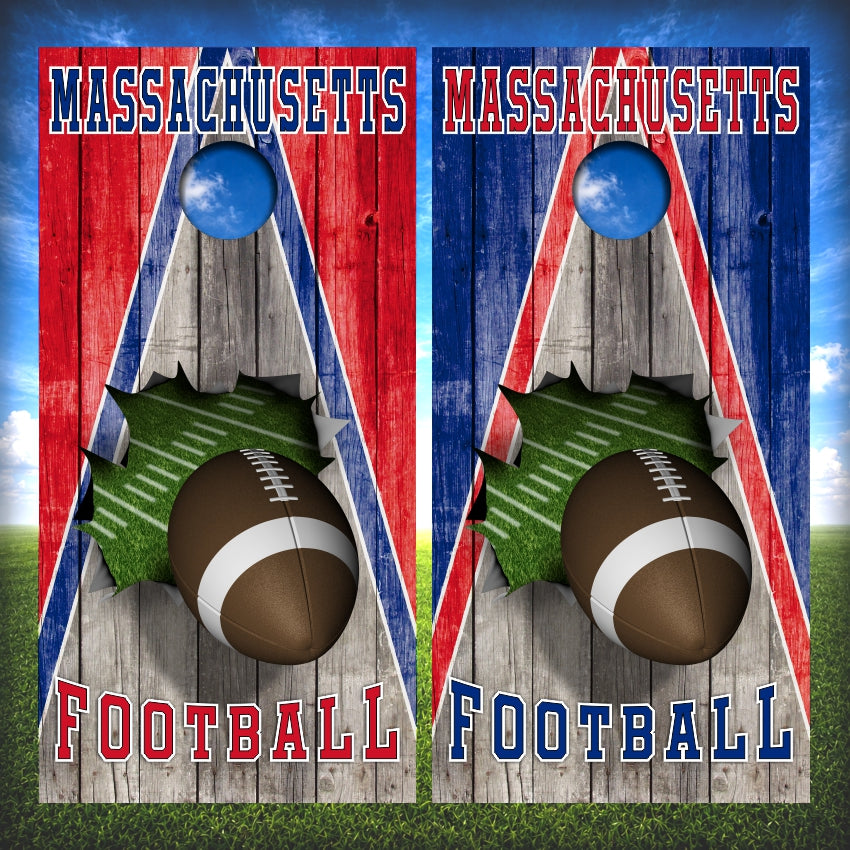 Navy and Silver Massachusetts Football Cornhole Wraps Wood Triangle