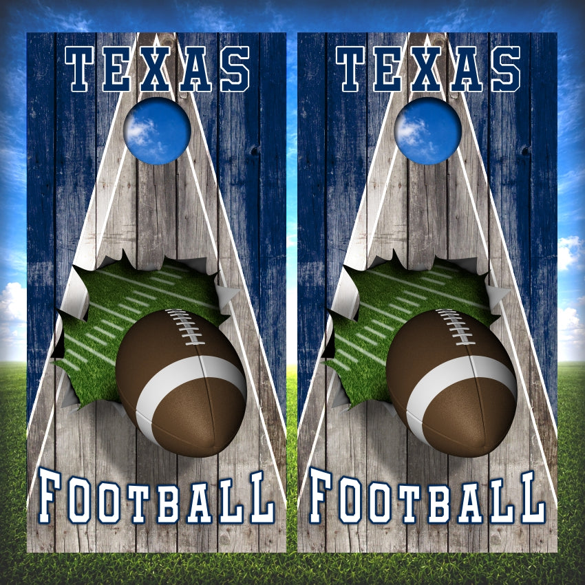 Navy and Silver Texas Football Cornhole Wraps Wood Triangle