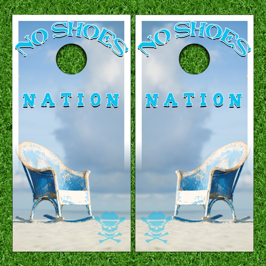 No Shoes Rustic Blue Chair on Beach Cornhole Wraps