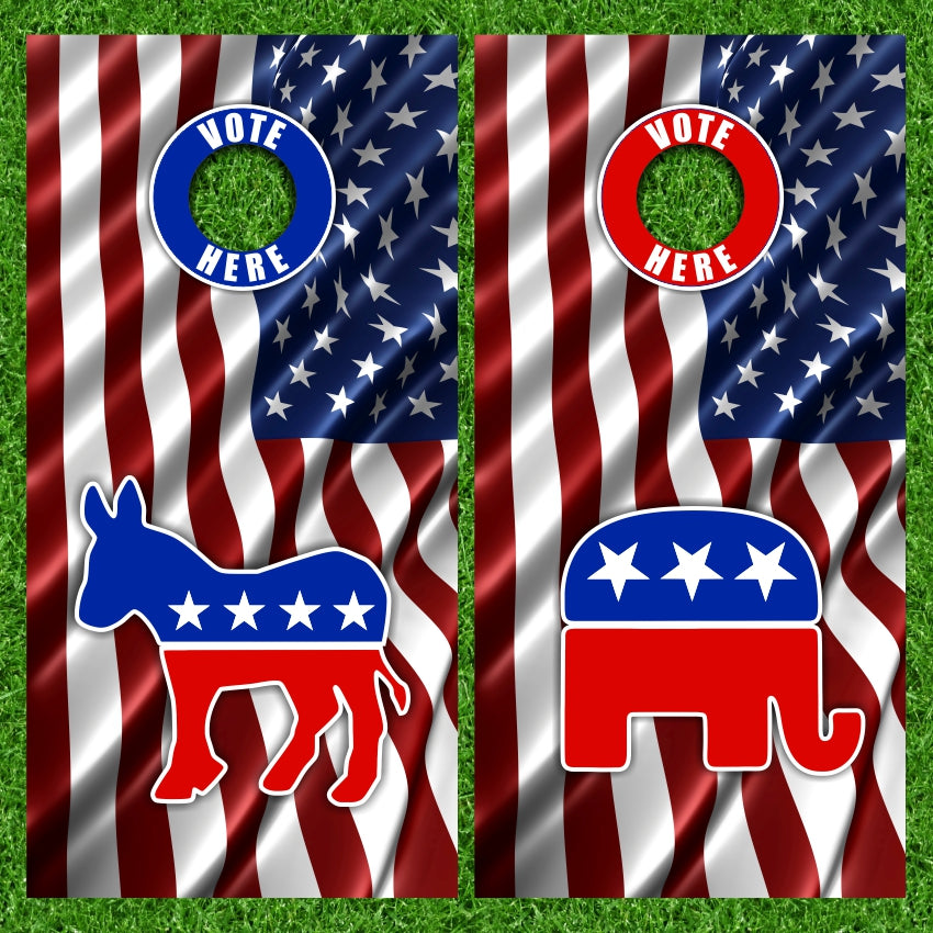 Political Party Donkey and Elephant American Flag Cornhole Board Vinyl Wraps Set