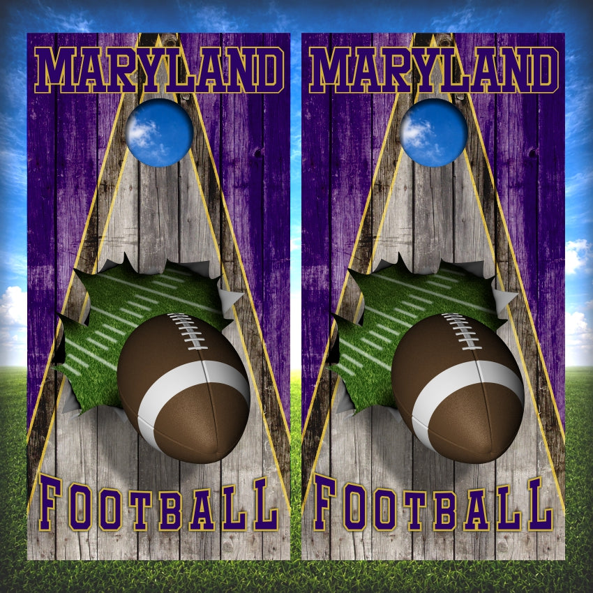 Purple and Black Maryland Football Cornhole Wraps Wood Triangle
