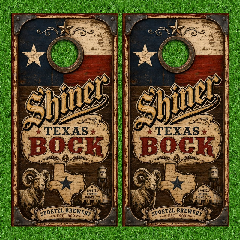 Shiner Bock Texas With Weathered Wood Look Background Cornhole Wraps