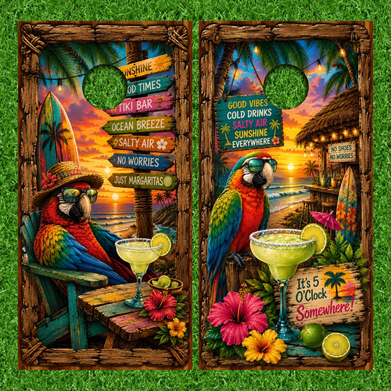 Tropical palm Tree Beach Life Theme with Parrot Beer on Ice 5 o'clock Version 2 Cornhole Wraps