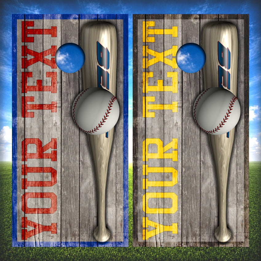 Baseball Bat Ball Cornhole Wraps Weathered Wood Custom Text