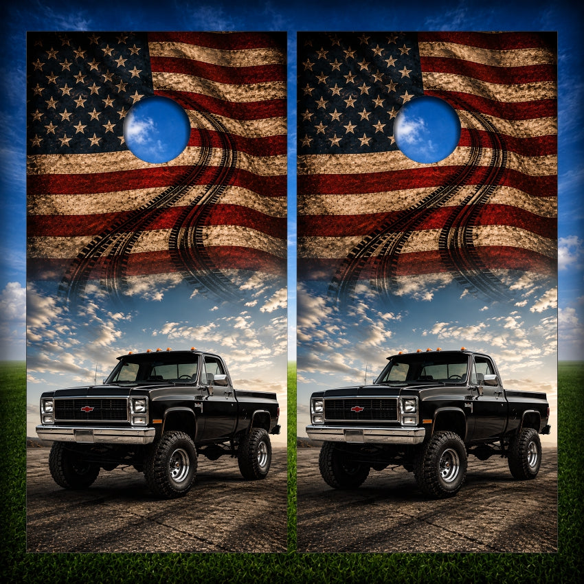 Vintage 1980s 4x4 Black Truck American Flag Tire Tracks Cornhole Wraps