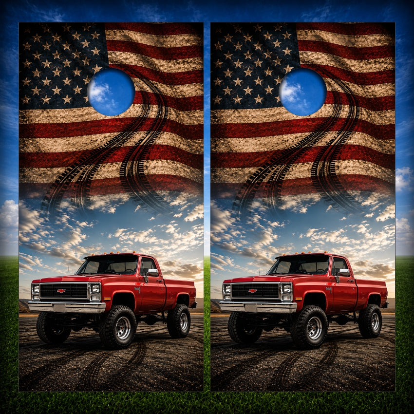 Vintage 1980s 4x4 Red Classic Truck American Flag Skid Tire Marks Cornhole Wraps
