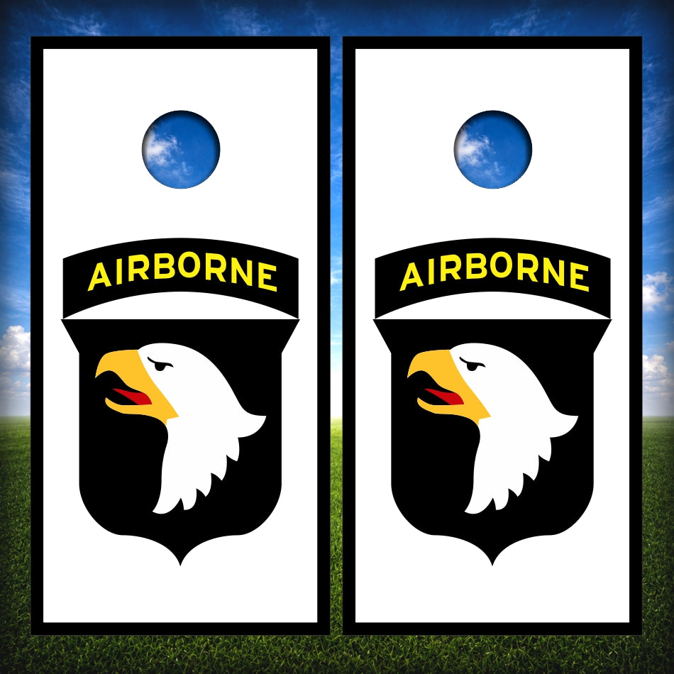 101st Airborne Air Assault Screaming Eagles on white with black borders Cornhole Wraps