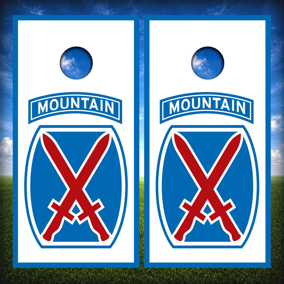 10th Mountain Division Patch on white with blue borders Cornhole Wraps