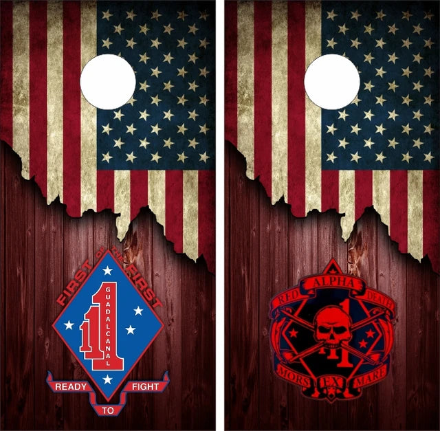 1st Military Alpha Red Death Marine Ripped American Flag Cornhole Wraps