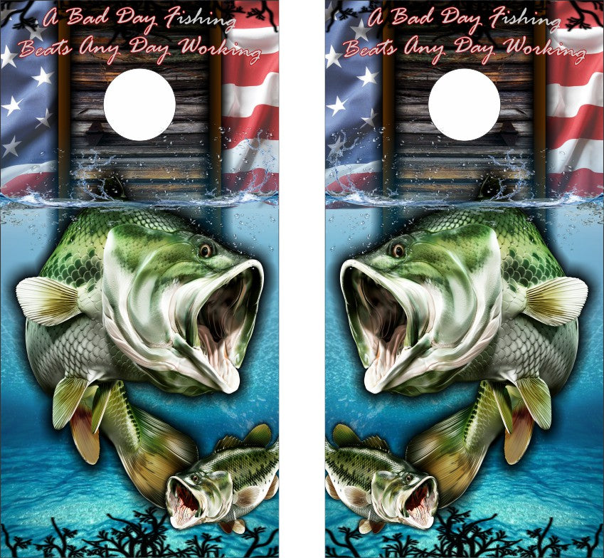 Largemouth Bass Underwater American Flag Cornhole Wraps