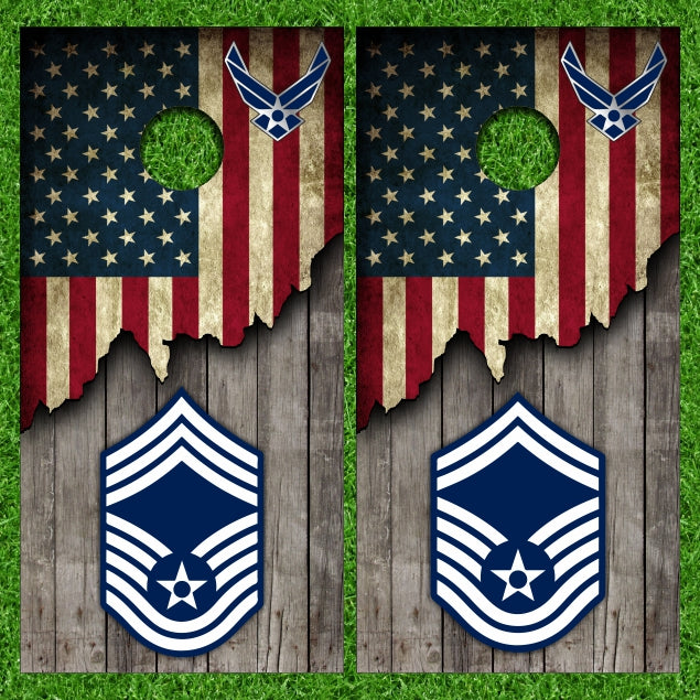Air Force Ripped Wood American USA Flag Sergeant Rank Cornhole Wraps