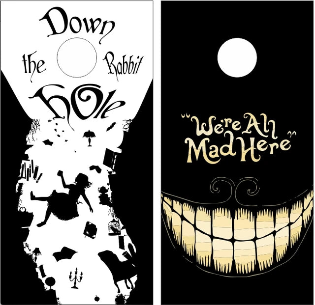 Alice In Wonderland Down The Rabbit Hole Mad Here Cornhole Wraps