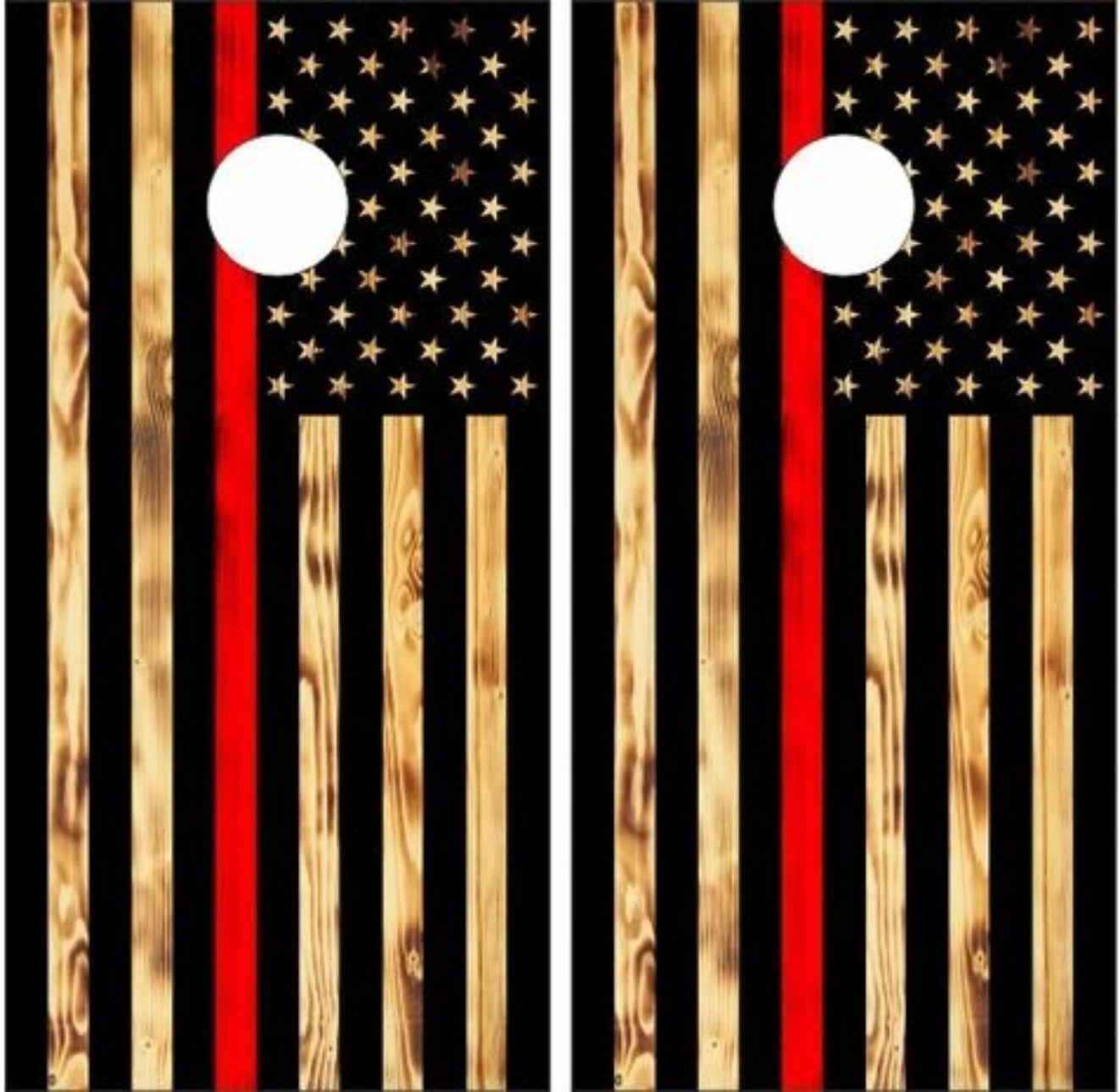 Firefighter Fireman Red Line American Flag Wood Burn Look Cornhole Wraps