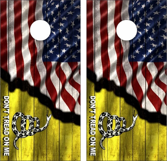 Don't Tread On Me American Flag Split Wood Cornhole Wraps