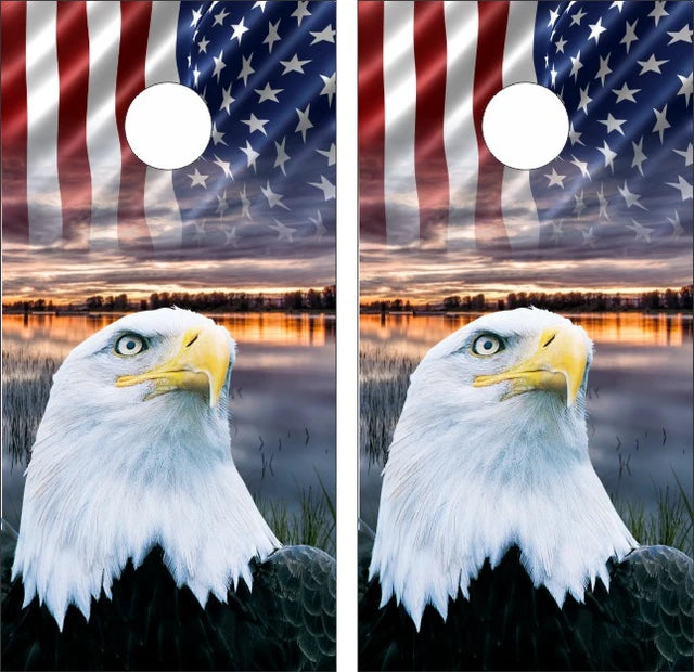 American Flag Bald Eagle on Lake Sunset Cornhole Wraps