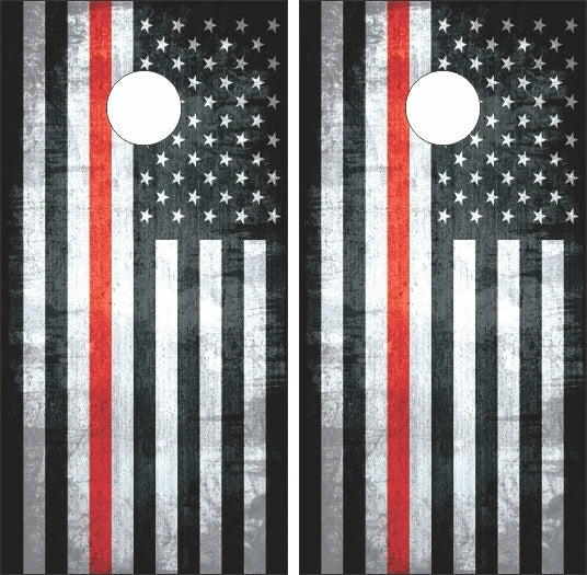 Firefighter Fireman Red Line American Flag Grunge Look Cornhole Wraps