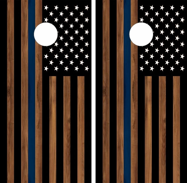 Police Thin Blue Line American Flag Stain Wood Look Cornhole Wraps