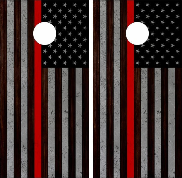 Firefighter Fireman Red Line American Flag Dark Stain Wood Look Cornhole Wraps