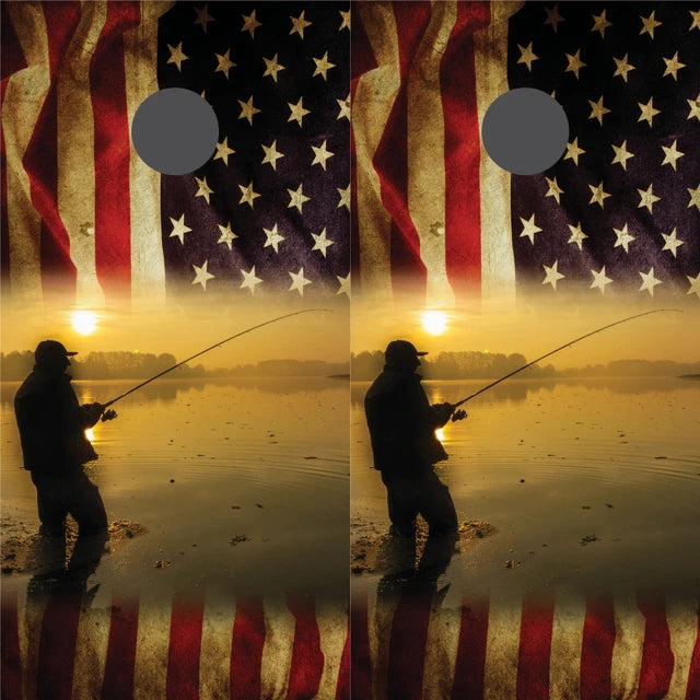 Fisherman Lake Fishing Man American Flag Cornhole Wraps