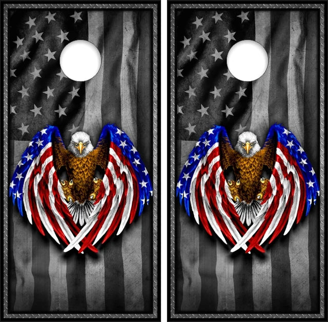 Gray Waving American Flag Bald Eagle Crossed Wings Cornhole Wraps
