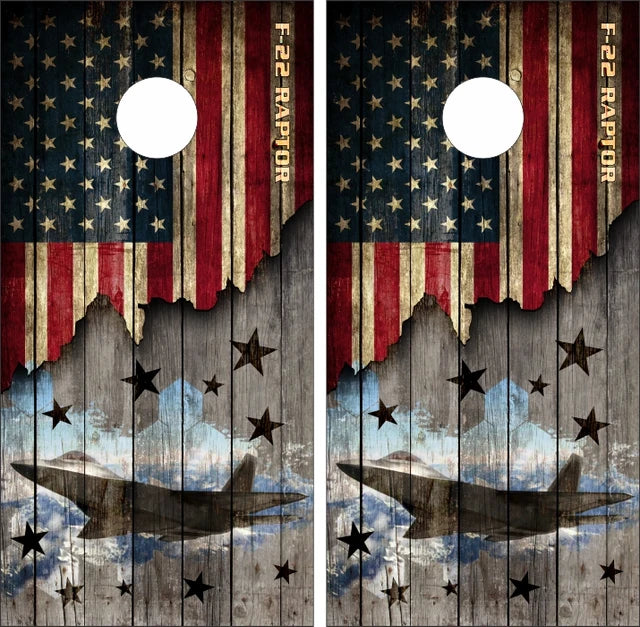 Air Force F-22 Raptor Super-Sonic Stealth Fighter Aircraft Weathered Wood Cornhole Wraps