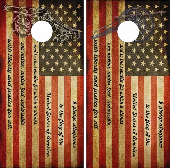 Pledge of Allegiance Vintage American Flag with Antique Cannons Cornhole Wraps
