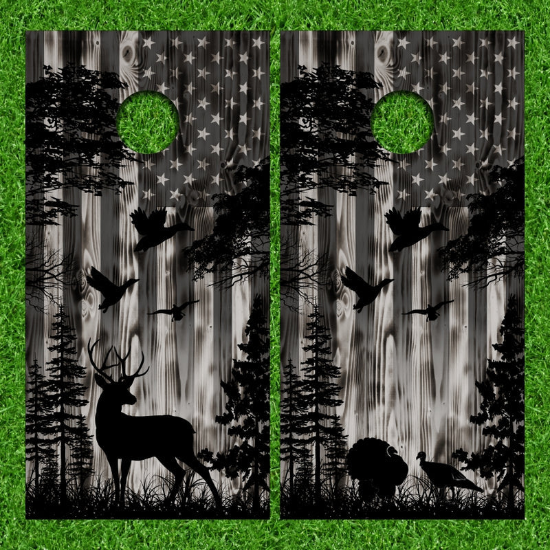 Deer & Turkey in the Wild with Weathered Wood Look Gray American Flag Background Cornhole Wraps