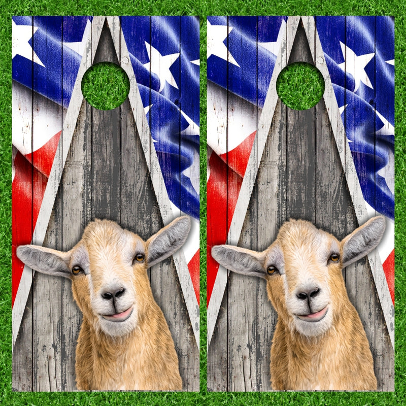 Funny Up Close Farm Goat with Weathered Wood Triangle American Flag Background Cornhole Wraps