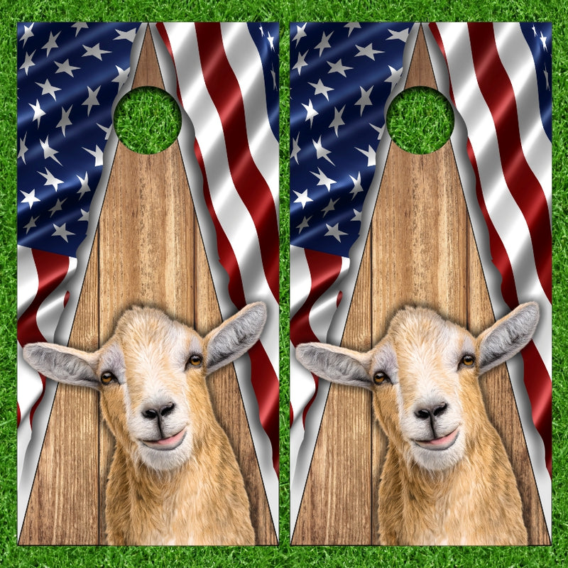 Funny Up Close Farm Goat with Triangle American Flag Background Cornhole Wraps