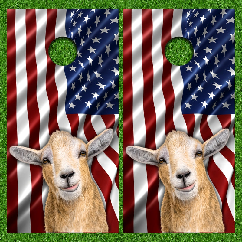 Funny Up Close Farm Goat with Wavy American Flag Background Cornhole Wraps