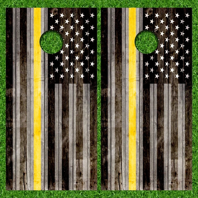 Dispatcher Thin Yellow Line Gray Wood American Flag Cornhole Wraps