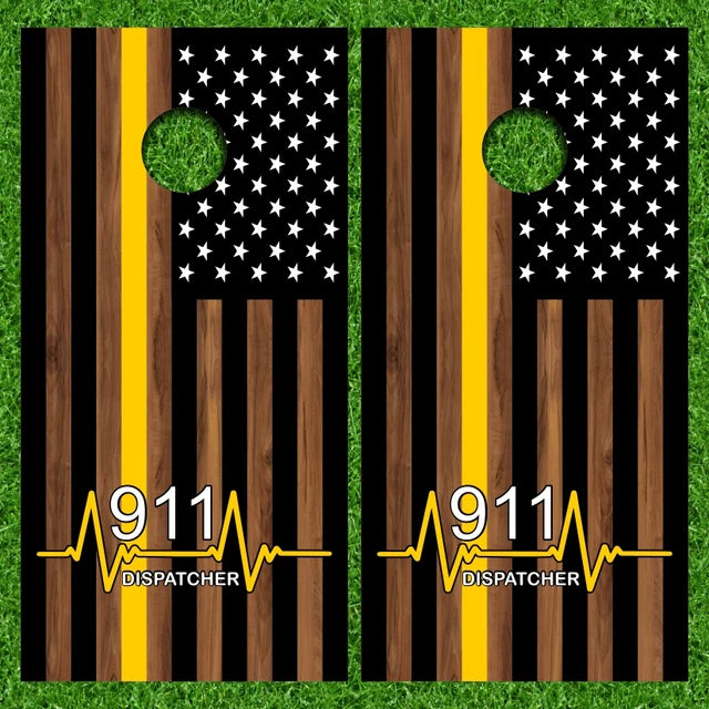 Dispatcher Thin Yellow Line 911 Stain Wood American Flag Cornhole Wraps