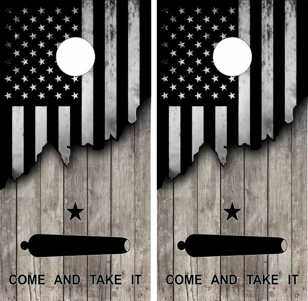 Come And Take It Gray Wood American Flag Cornhole Wraps