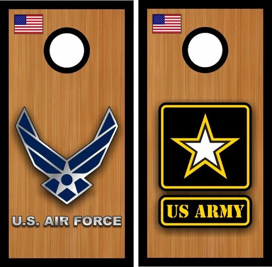 Army & Navy Combo Stain Wood Look with American Flag Cornhole Wraps