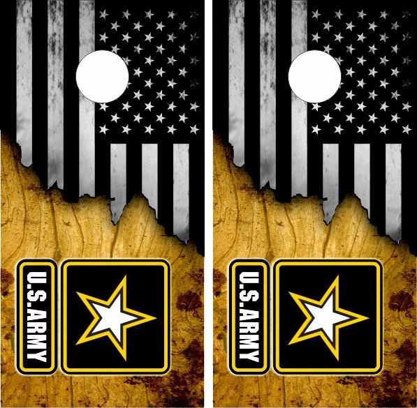 Army on Wood with Torn USA American Flag Cornhole Wraps