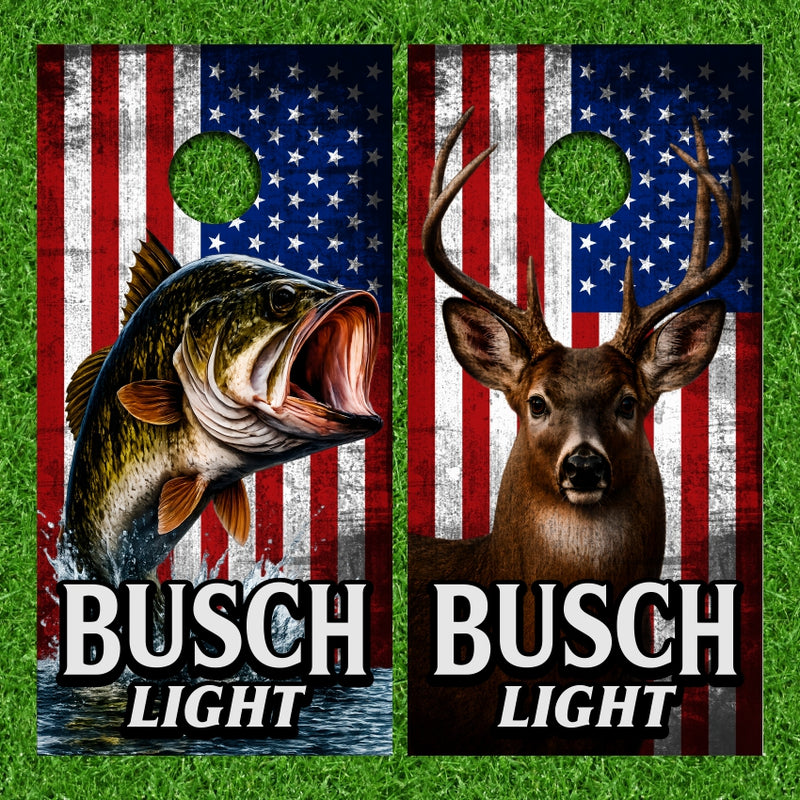 Busch Light with Largemouth Bass and Deer Buck on American Flag Background Cornhole Wraps