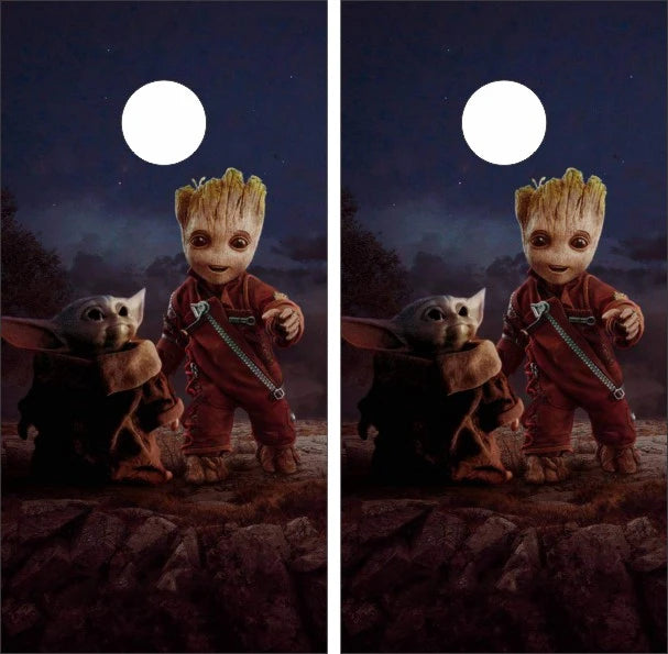 Baby Groot and Yoda Partner Up Cornhole Wraps