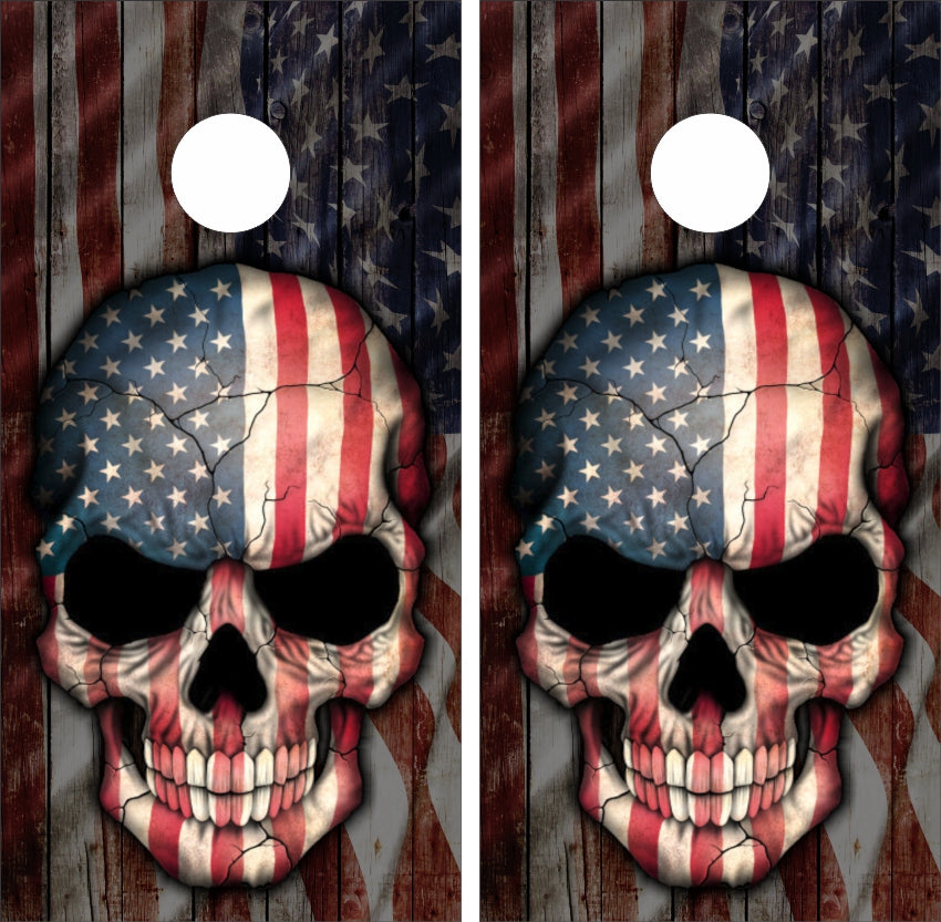 Bad to the Bone Patriotic Skull on Weathered Wood American Flag Cornhole Wraps