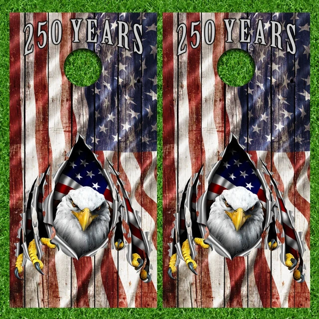 250 Year Anniversary Bald Eagle Rip Claws American Flag Weathered Wood Look Cornhole Wraps